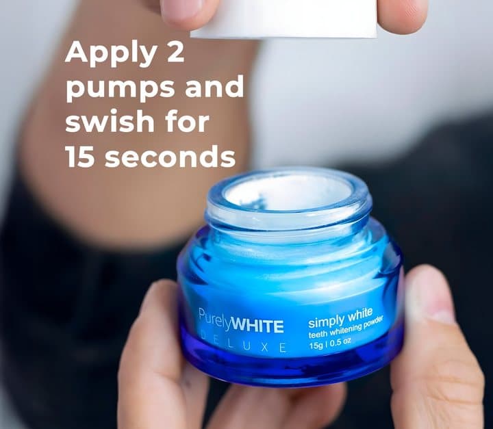 Hand holding the PurelyWHITE jar with text reading apply 2 pumps and swish for 15 seconds