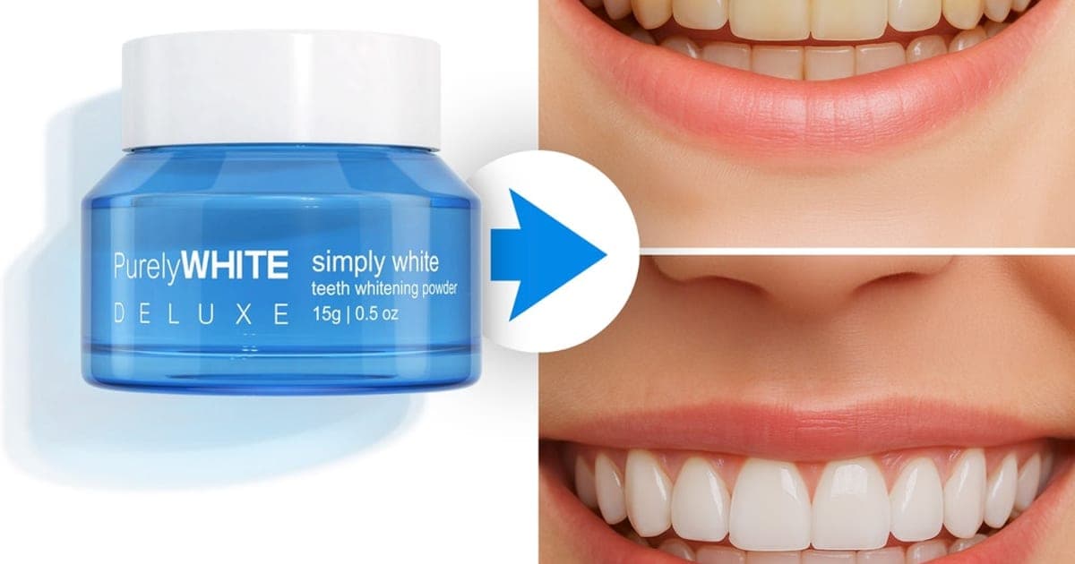 Blue PurelyWHITE Deluxe whitening powder jar next to before and after images of yellow and whiter teeth