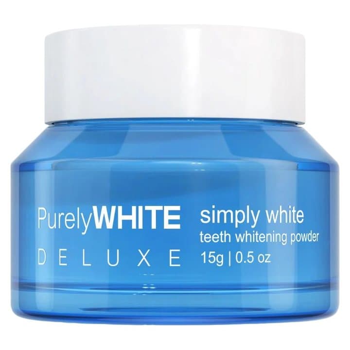 Blue jar of PurelyWHITE Deluxe simply white teeth whitening powder, 15 g