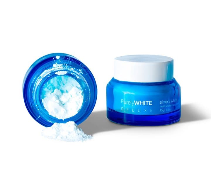 Open jar of PurelyWHITE showing white powder inside next to the closed jar