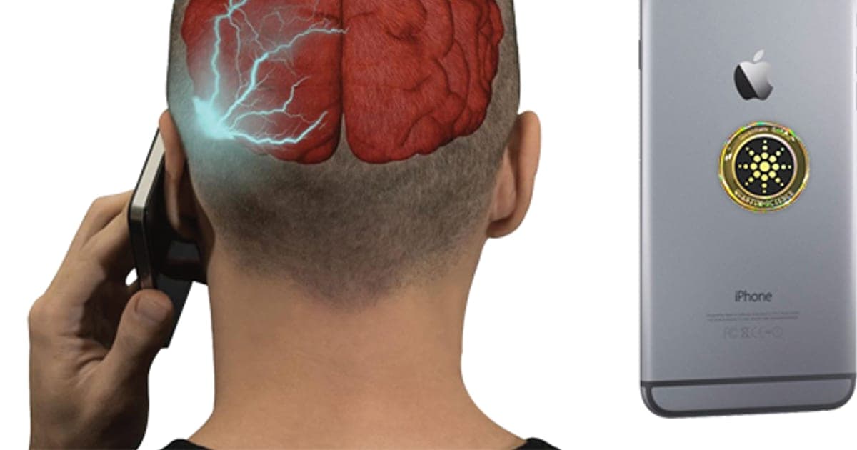 Illustration of a man on a phone with lightning drawn into his brain beside an iPhone with a round gold and black RadiationStopper Pro sticker