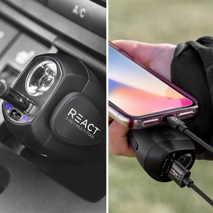 React plugged into a car socket and charging a phone through its USB port