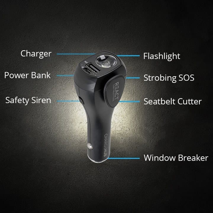 React charger diagram labelling the charger, power bank, siren, flashlight, SOS strobe, seatbelt cutter and window breaker
