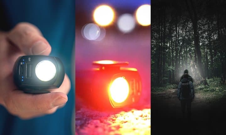React showing a white flashlight beam and a red strobe light at night