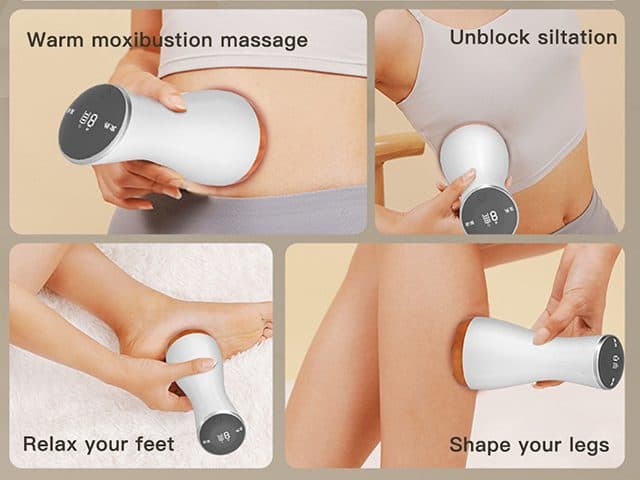 Four photos of the RelaxMe Pro used on a belly, chest, foot sole and thigh, captioned warm moxibustion massage, unblock siltation, relax your feet and shape your legs