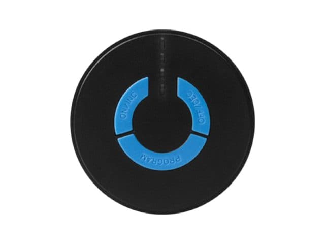 Round black ReliefMate Pro controller with blue on, off and program buttons around a central ring