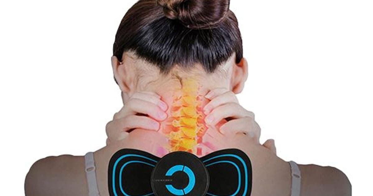 Black butterfly-shaped ReliefMate Pro pulse pad with blue outlines and a round controller on the upper back of a woman holding her neck, with the spine highlighted