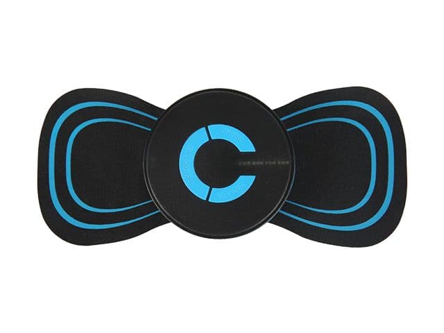 Black butterfly-shaped ReliefMate Pro pad with blue outlines and the round controller clipped in the centre