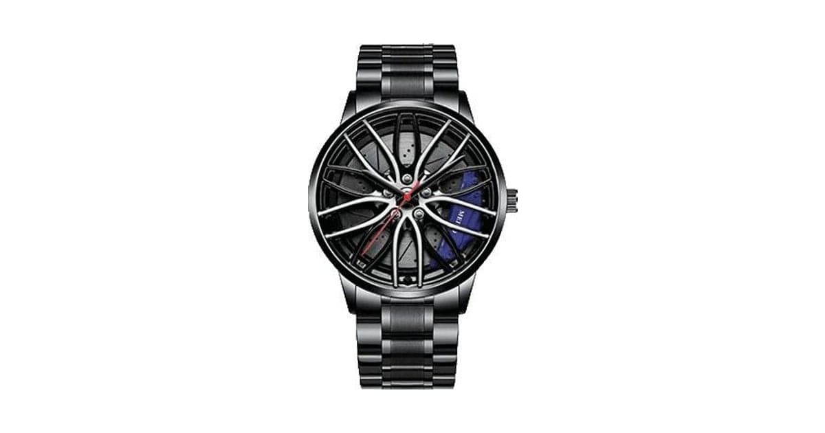 Black RimX Watch with a dial styled as a multi-spoke silver alloy wheel, a blue brake caliper and red hands, on a black metal bracelet