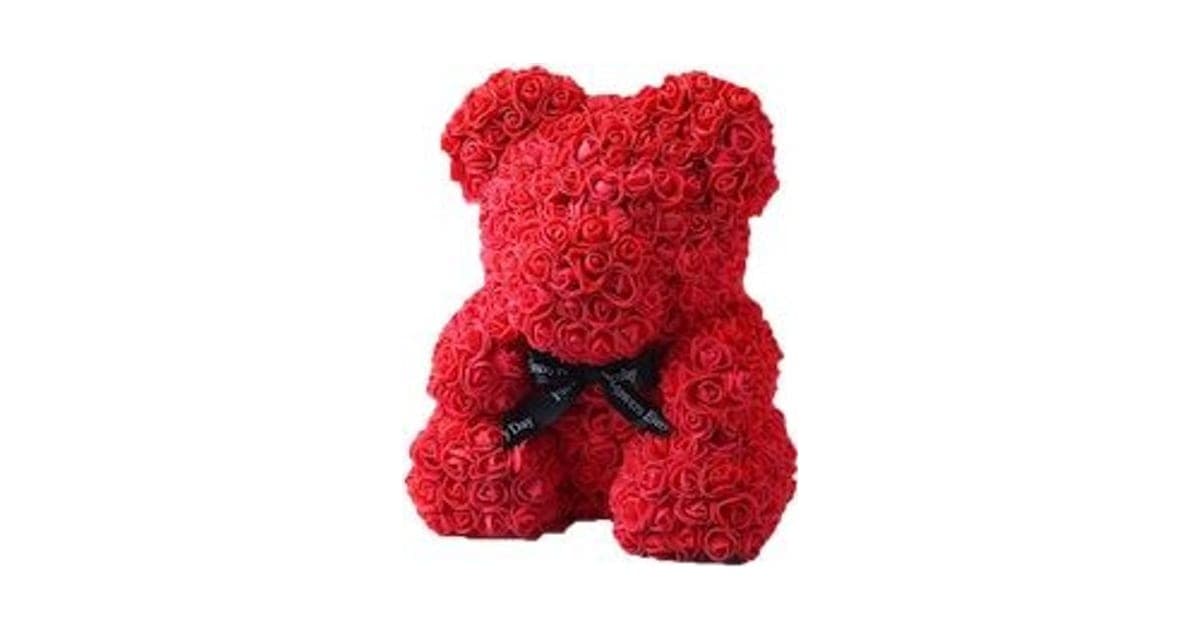 Roseal CuteBear teddy bear covered in small red foam roses with a black ribbon bow at its neck
