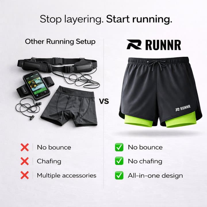 Comparison image of a phone armband, belt and compression shorts versus RUNNR 2-in-1 shorts