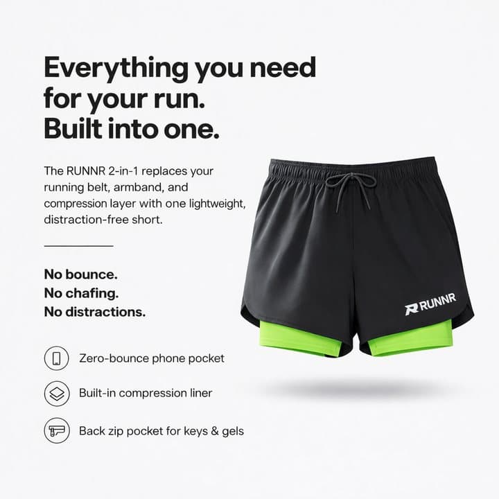 RUNNR shorts with text listing a zero-bounce phone pocket, built-in compression liner and back zip pocket
