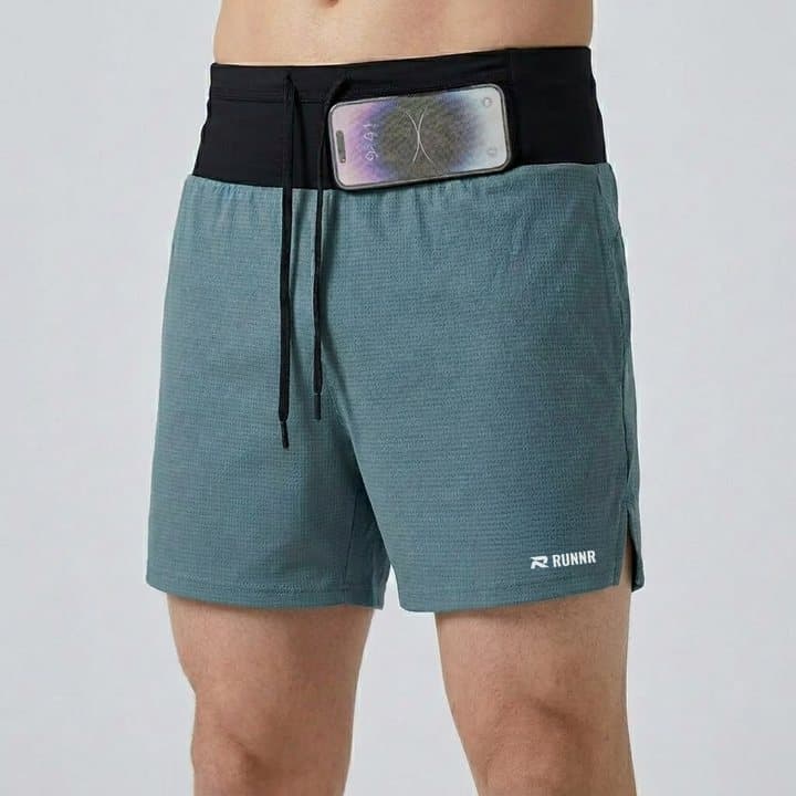 Runner wearing teal RUNNR marathon shorts with a phone in the black built-in waistband