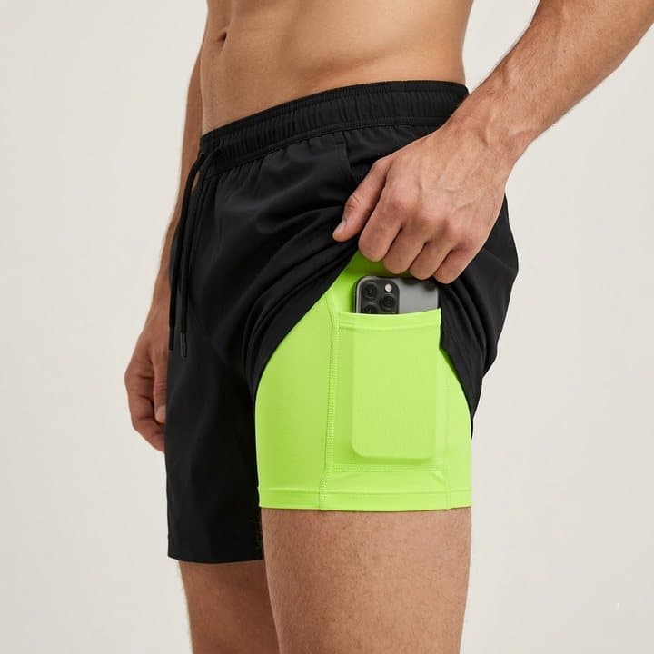 Runner sliding a phone into the thigh pocket of the lime compression liner inside RUNNR shorts
