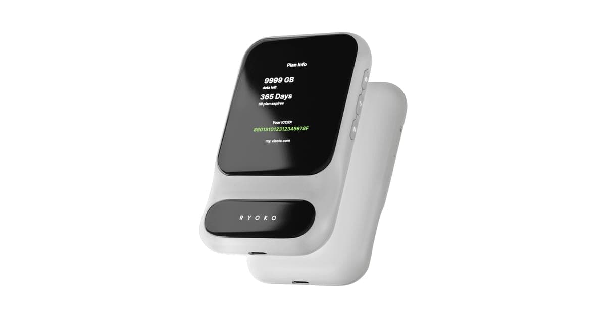 White Ryoko PRO portable WiFi hotspot with its screen showing a data plan summary