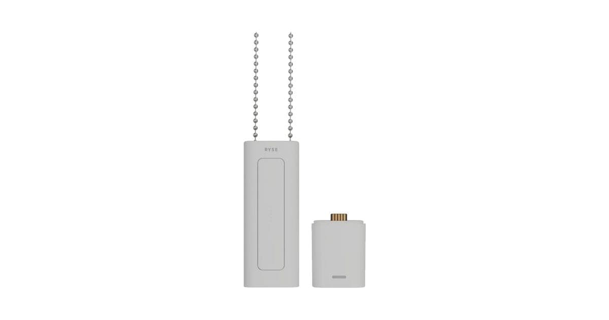 White RYSE SmartShade motor with beaded chain and its separate battery pack