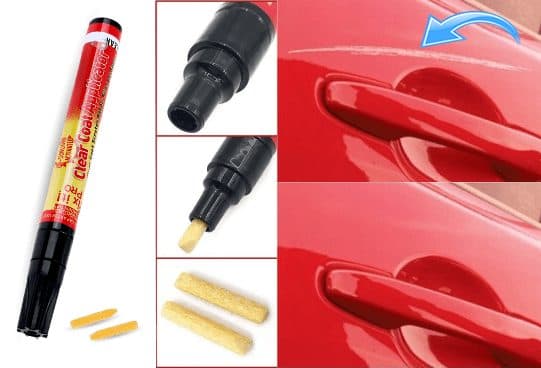 Red and yellow pen labelled Clear Coat Applicator with spare tips, close-ups of the felt tip, and a red car door shown scratched and then smooth