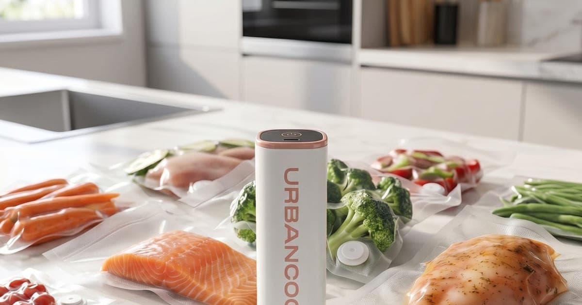 White SealPro handheld vacuum sealer on a kitchen counter surrounded by vacuum-sealed salmon, chicken and vegetables