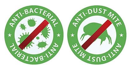 Two green round badges reading anti-bacterial and anti-dust mite, used for the SenseSleep anti-allergy treatment add-on