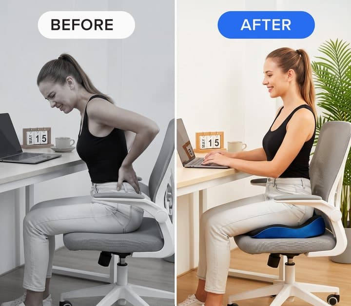 Seller's before and after image of a woman slumped in pain and then sitting upright on the cushion