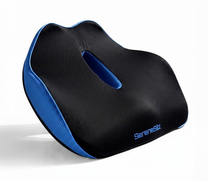 Black Serenesitz seat cushion with blue sides and a tailbone cut-out