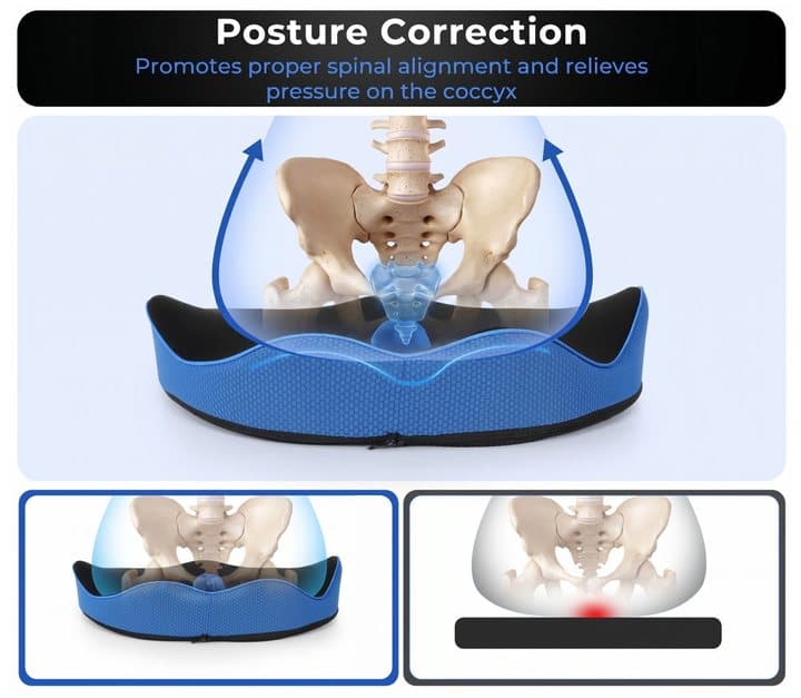 Seller's illustration of a pelvis on the Serenesitz cushion labelled posture correction