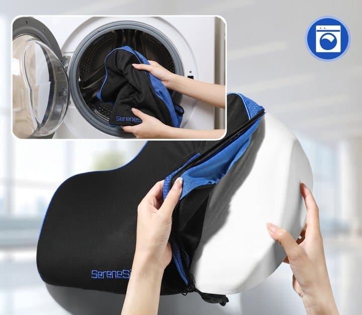 Hands removing the Serenesitz cover, with an inset of it going into a washing machine