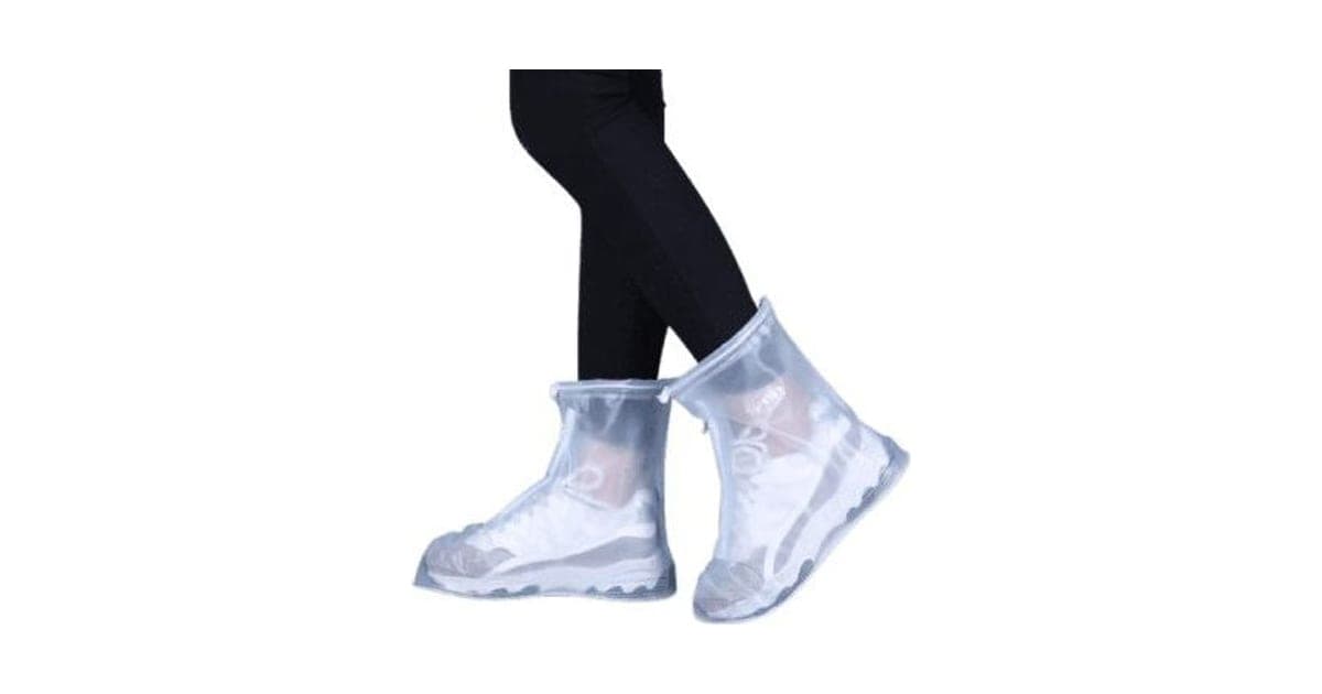 Legs in black leggings wearing white trainers inside clear ankle-high ShoesCover Max covers with drawstring tops