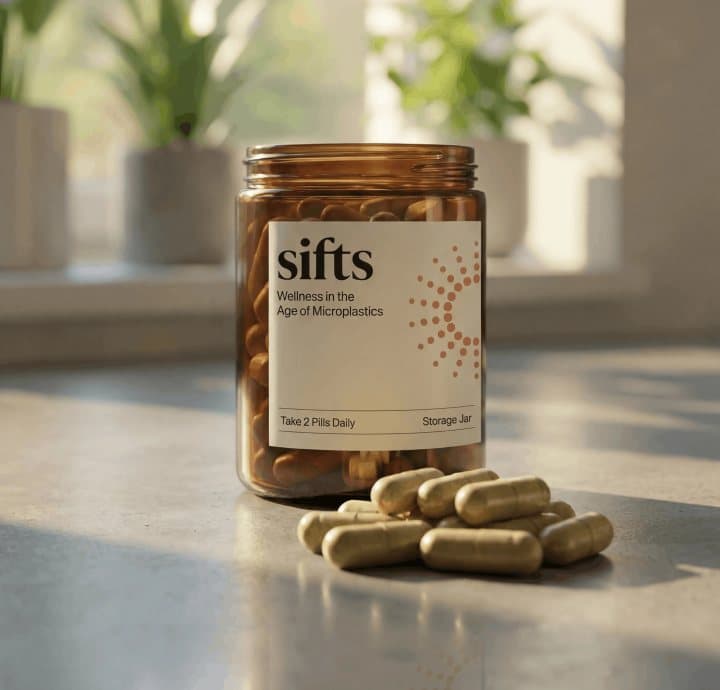 Open Sifts jar with several beige capsules spilled on a kitchen counter