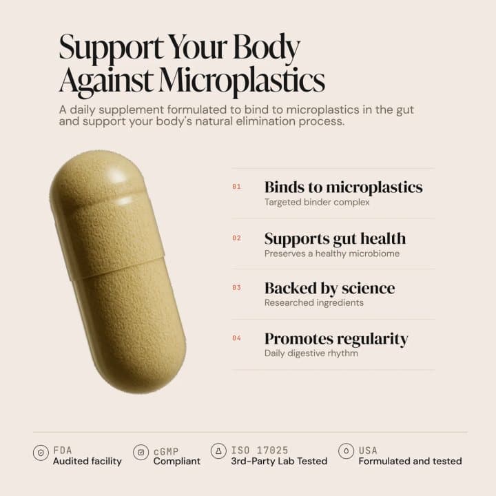 Sifts capsule graphic listing binds to microplastics, supports gut health, backed by science and promotes regularity, with FDA-audited facility and lab badges