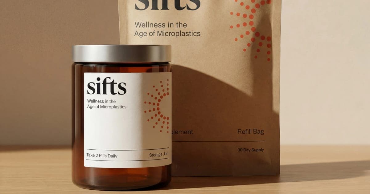 Amber glass Sifts jar standing in front of a kraft paper Sifts refill pouch on a sunlit counter
