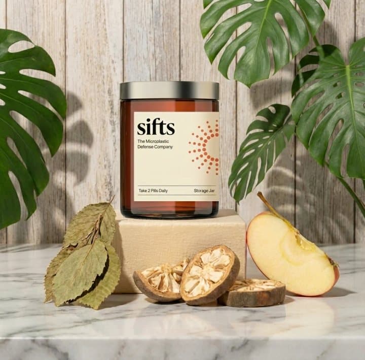 Sifts amber jar on a marble block surrounded by baobab fruit, slippery elm leaves and a halved apple