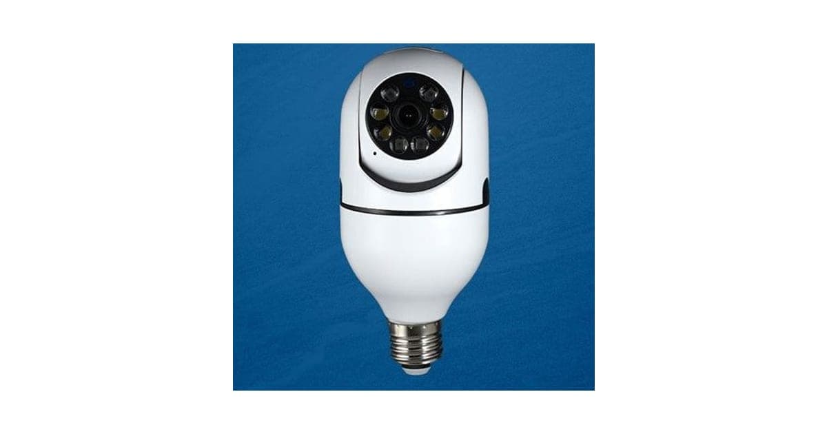 White Sight Bulb camera with a ring of LEDs around its lens and a screw-in E26 base, on a blue background