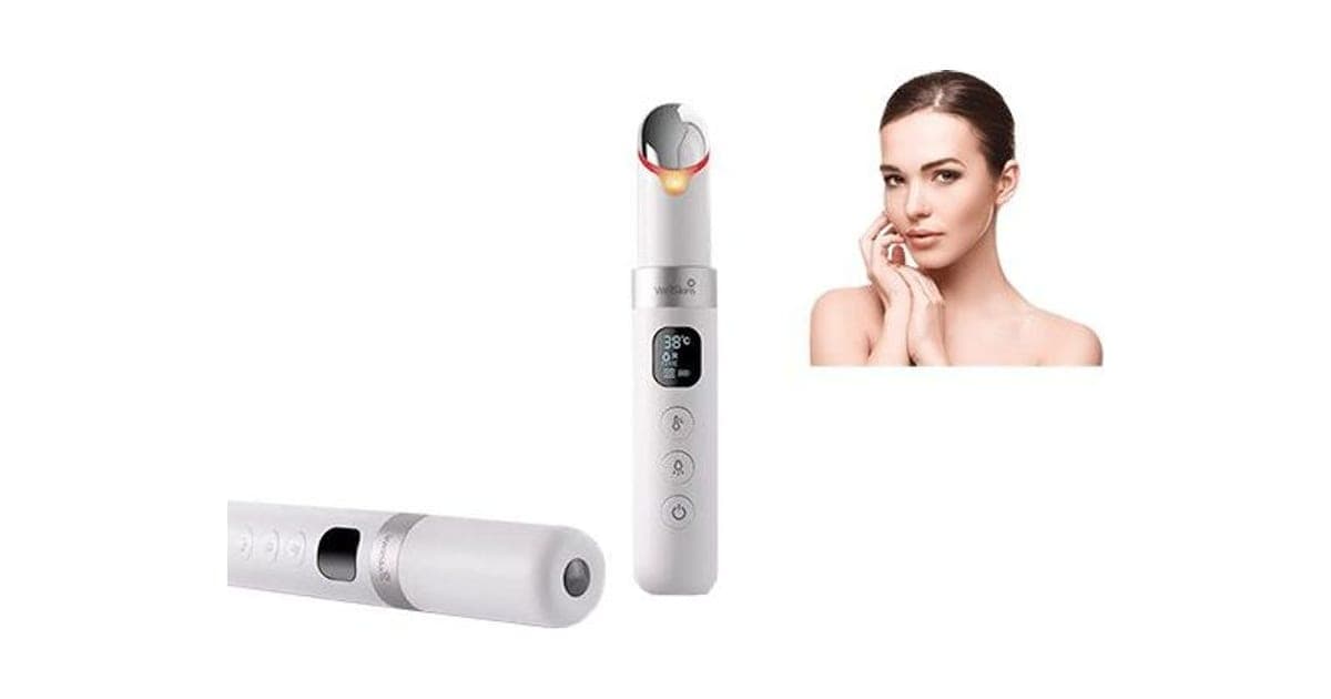 White SkinBeautify Pro eye wand with an angled metal tip, a glowing red ring and a digital display reading 38 degrees, beside a woman touching her face