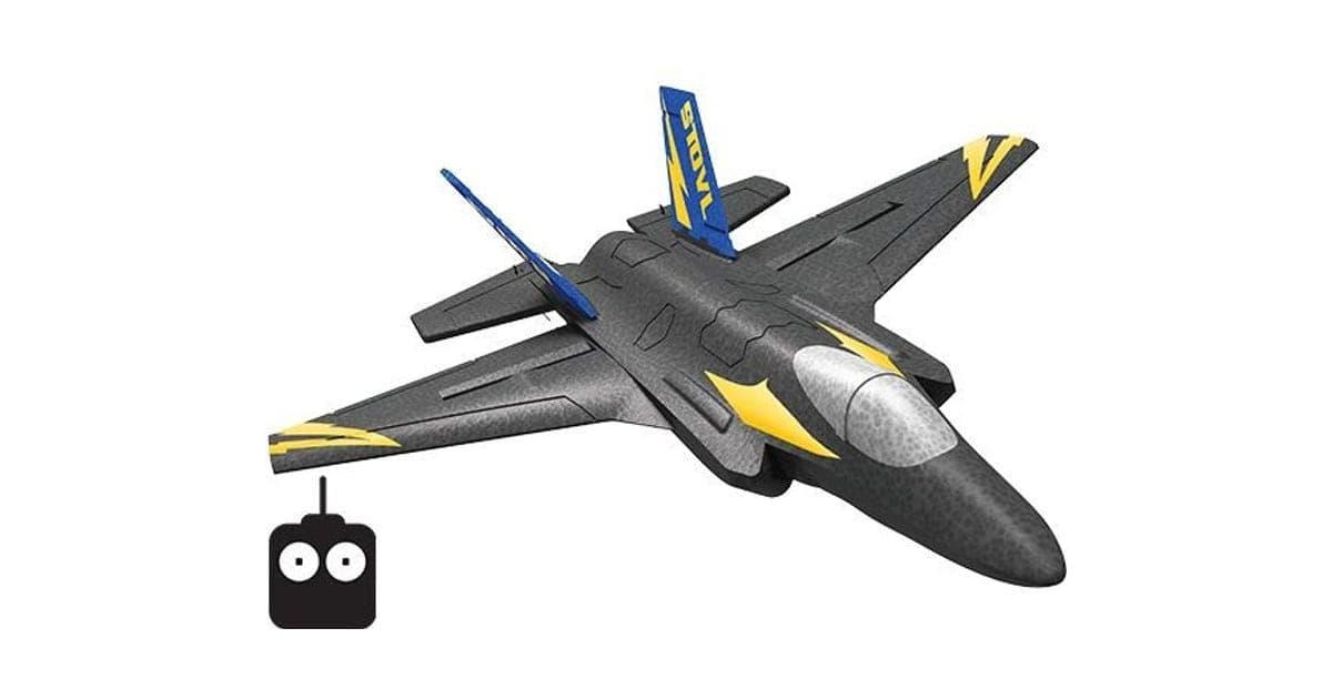 Grey foam SkyHunterX RC jet styled after the F-35 with lettered blue tail fins and yellow lightning bolts on the wings, beside a remote control icon
