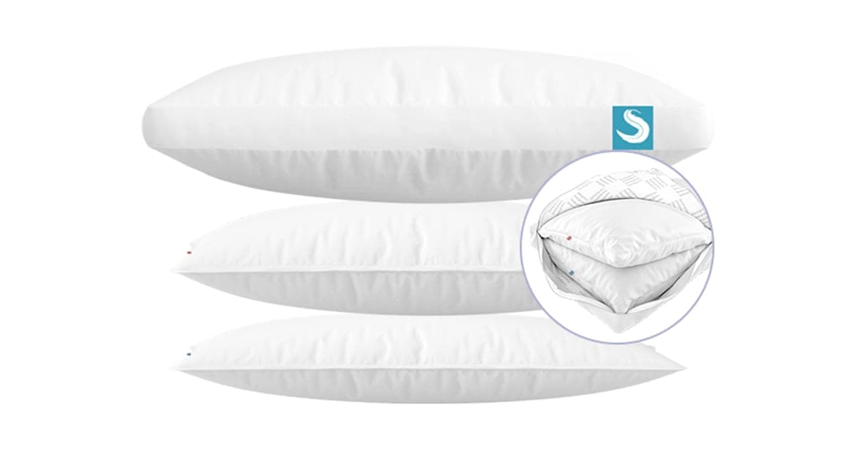 Sleepgram adjustable pillow shown as three pieces: the outer pillow with a teal S logo above two thinner inner pillows, with an inset of the inserts inside the cover