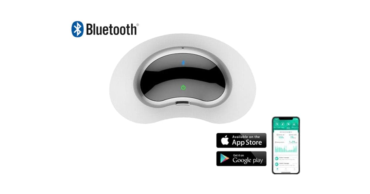 SleepLab oval black and silver chin unit on a white gel patch, with a phone showing the companion app
