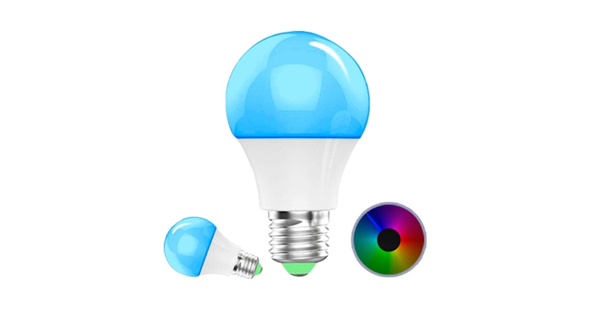 SmartLight colour bulb glowing blue next to a smaller bulb and a colour wheel