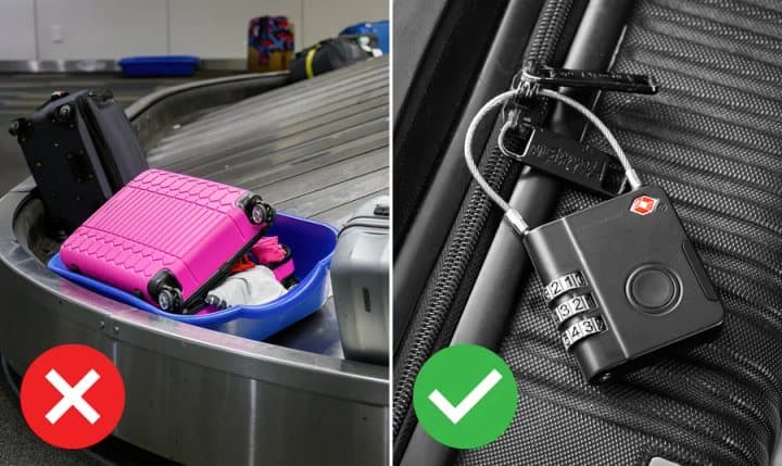 Two-panel image of a suitcase in an airport security tray and a SmartLock fitted to a suitcase on a carousel