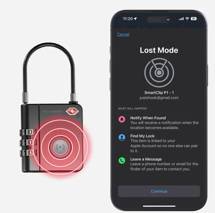 SmartLock beside an iPhone showing the Find My Lost Mode screen with notify when found and leave a message options