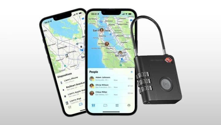 SmartLock beside two iPhones showing Find My maps with a shared item and a people list