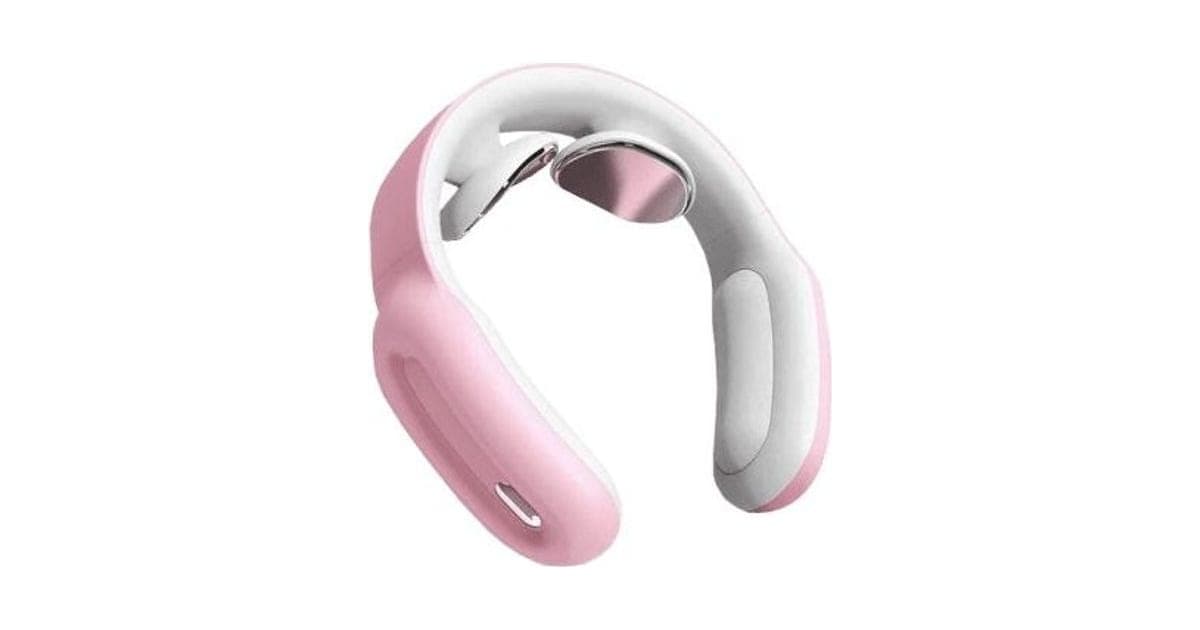 Pink and white U-shaped SmartRelief Pro neck massager with two round metal pads on the inner curve