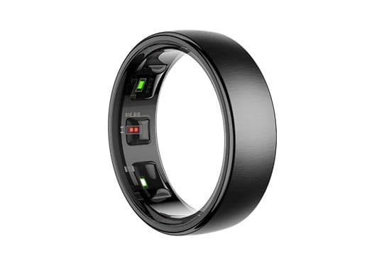 Black SmartRingX ring at an angle, showing three sensor windows with green and red lights inside the band
