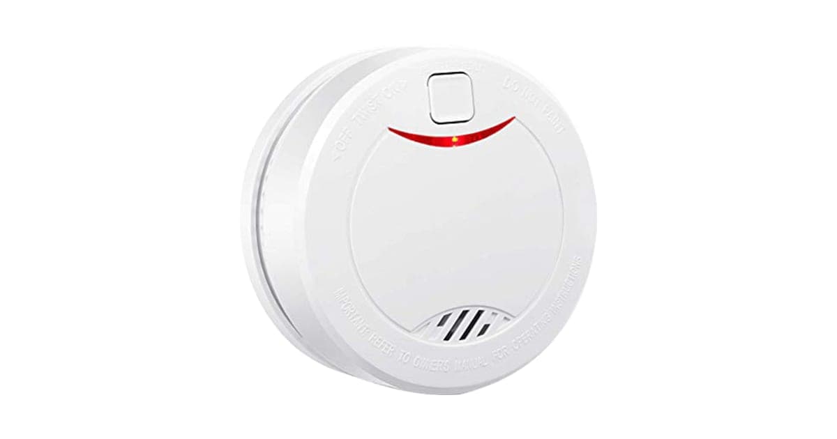 White round SmokeSOS smoke alarm with a square button and red light strip on top and vent slots at the front