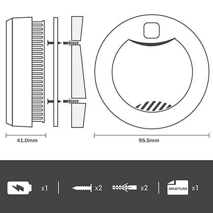 Technical drawing of the SmokeSOS alarm and mounting plate showing 41 mm depth and 95.5 mm width, with icons for screws, wall plugs and instructions