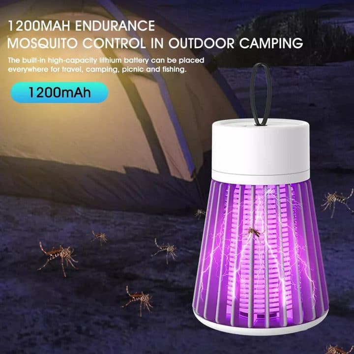 Lit Smosquito in front of a tent at night with insects, under the heading 1200 mAh endurance mosquito control in outdoor camping