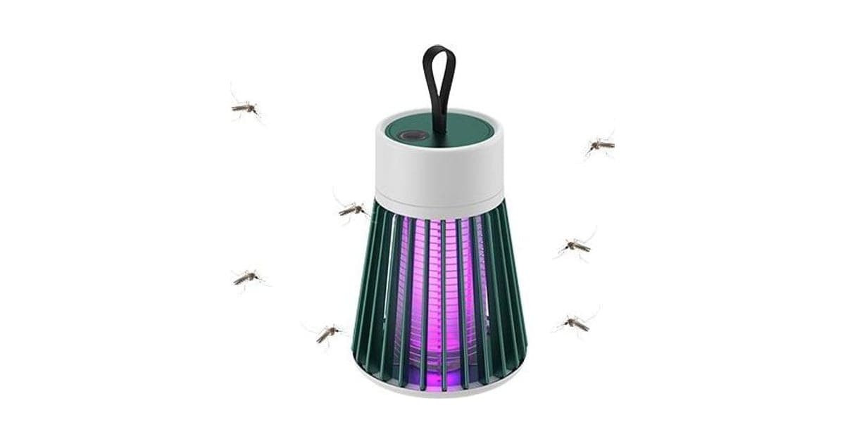Green and white Smosquito lantern with a purple glowing UV core behind a slatted cage and a carry strap, surrounded by mosquitoes