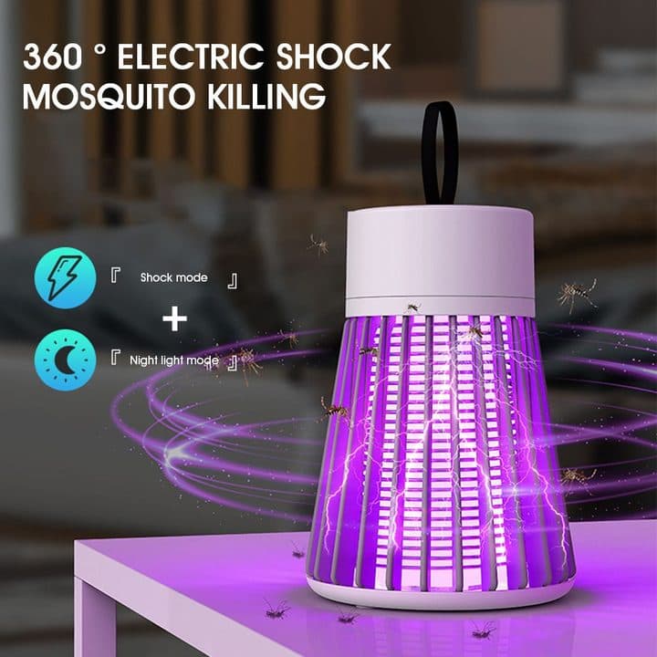 Lit purple Smosquito on a table with electric sparks and insects, under the heading 360 degree electric shock mosquito killing, with shock and night light mode icons