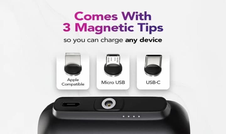 Snap-N-Charge with Lightning, Micro-USB and USB-C magnetic tips shown above its connector