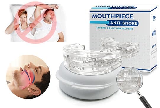 Clear adjustable SnoreCut Bite trays on a white case, a box labelled Snore Solution Expert, a crossed-out snoring couple and an airway diagram